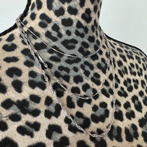 Crown Trifari Vintage 3-Strand Silver-Tone Mixed Chain Bib Necklace